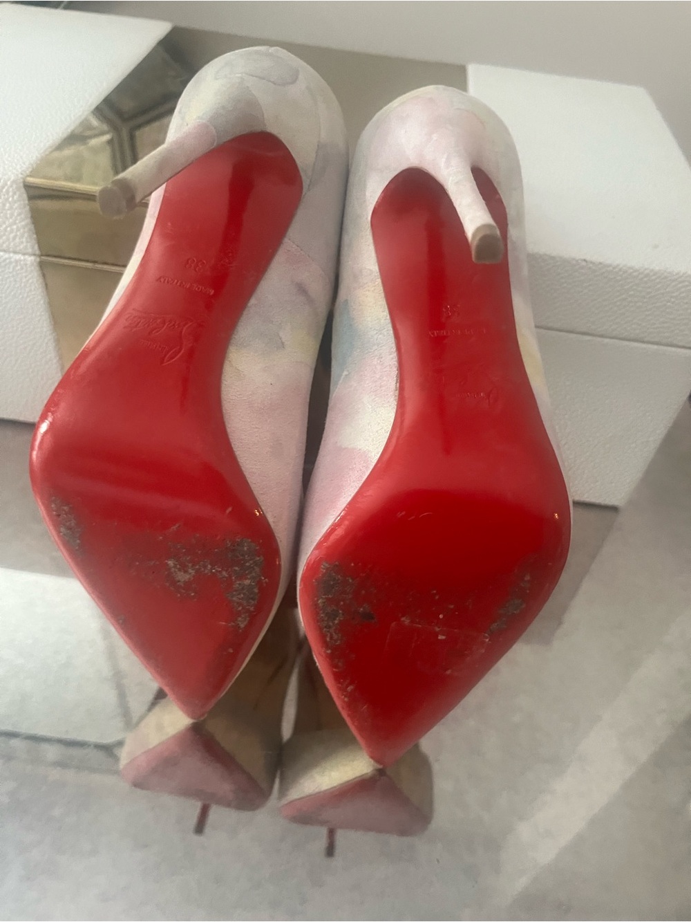 Christian Louboutin Red-Soled Pointed Toe Stiletto Heels with Pastel Upper